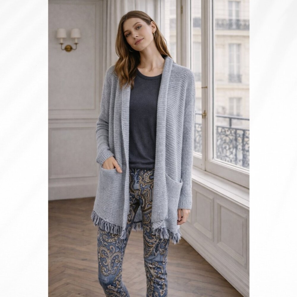 Free People Love Me Tender Cardigan Sweater Blue Hooded Fringe Slouchy Boho